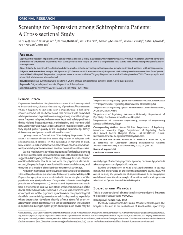 (PDF) Screening for Depression among Schizophrenia Patients: A Cross ...