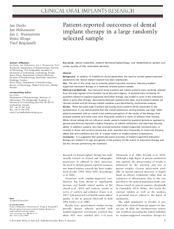 (PDF) Patient-reported outcomes of dental implant therapy in a large ...