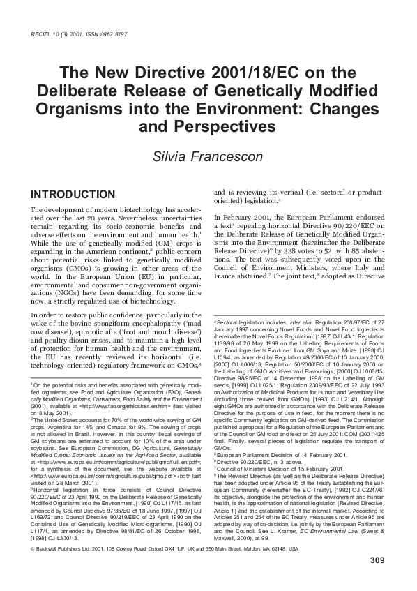 (PDF) The New Directive 2001/18/EC on the Deliberate Release of ...