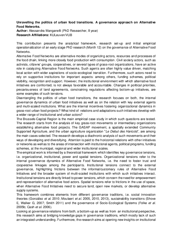 (PDF) Unravelling the politics of urban food transitions. A governance ...