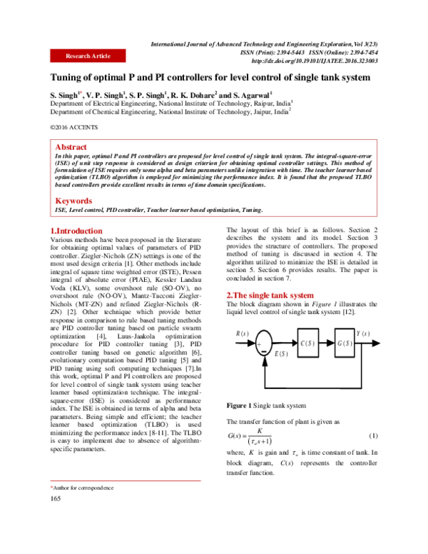 (PDF) Tuning of optimal P and PI controllers for level control of ...