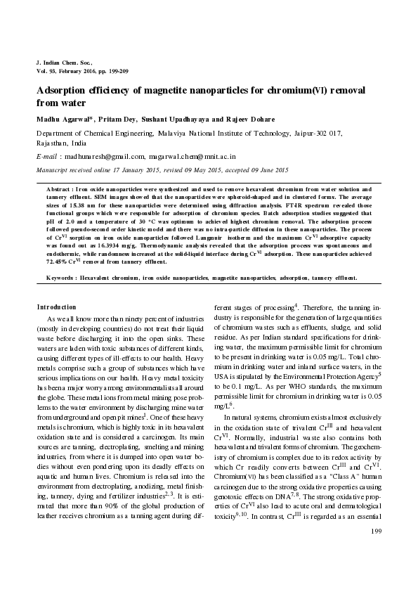 (PDF) Adsorption efficiency of magnetite nanoparticles for chromium(VI ...