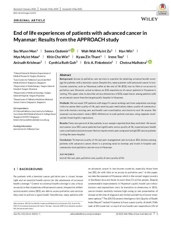 (PDF) End of life experiences of patients with advanced cancer in ...