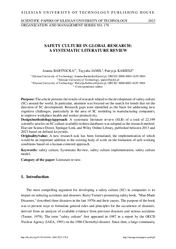 (PDF) Safety culture in global research: a systematic literature review