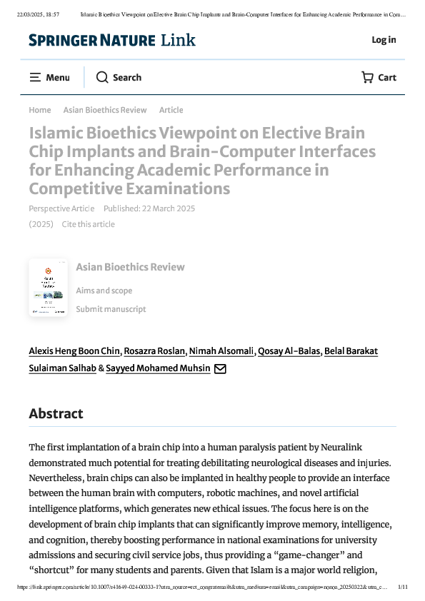 (PDF) Islamic Bioethics Viewpoint on Elective Brain Chip Implants and ...