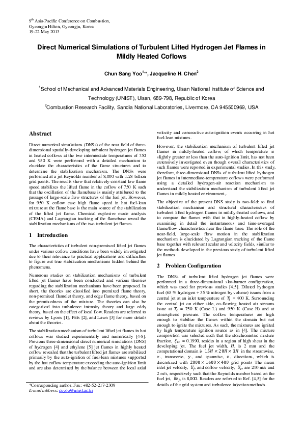 (PDF) Direct Numerical Simulations of Turbulent Lifted Hydrogen Jet ...