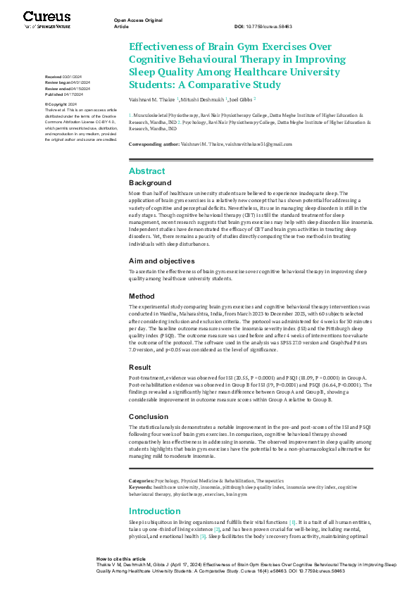 (PDF) Effectiveness of Brain Gym Exercises Over Cognitive Behavioural ...