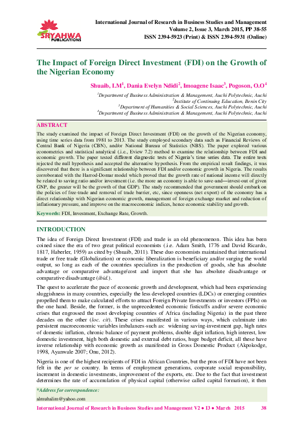 (PDF) The Impact of Foreign Direct Investment (FDI) on the Growth of ...
