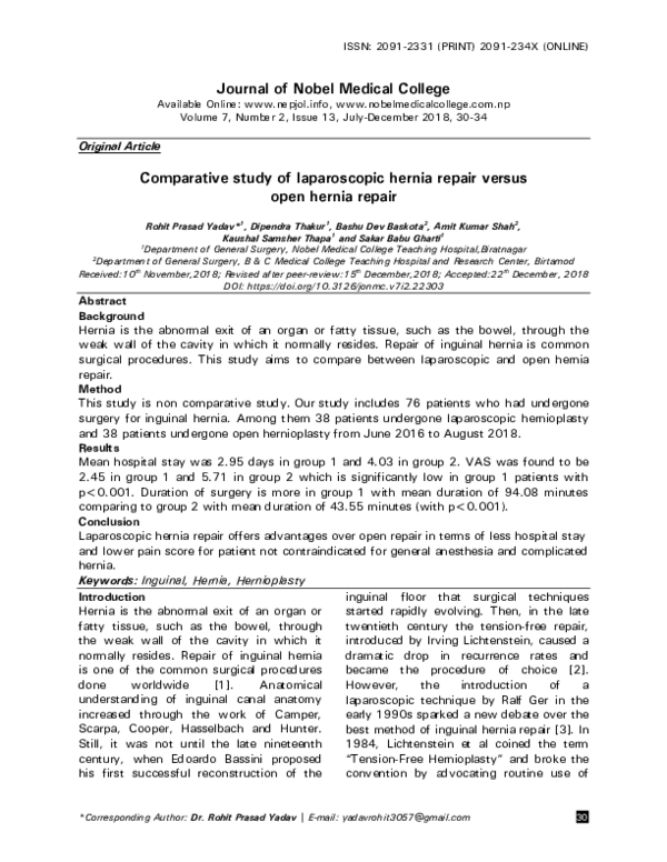 (PDF) Comparative study of laparoscopic hernia repair versus open ...