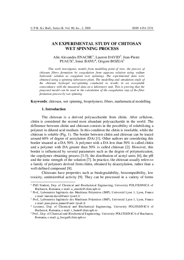 (PDF) AN EXPERIMENTAL STUDY OF CHITOSAN WET SPINNING PROCESS Alin