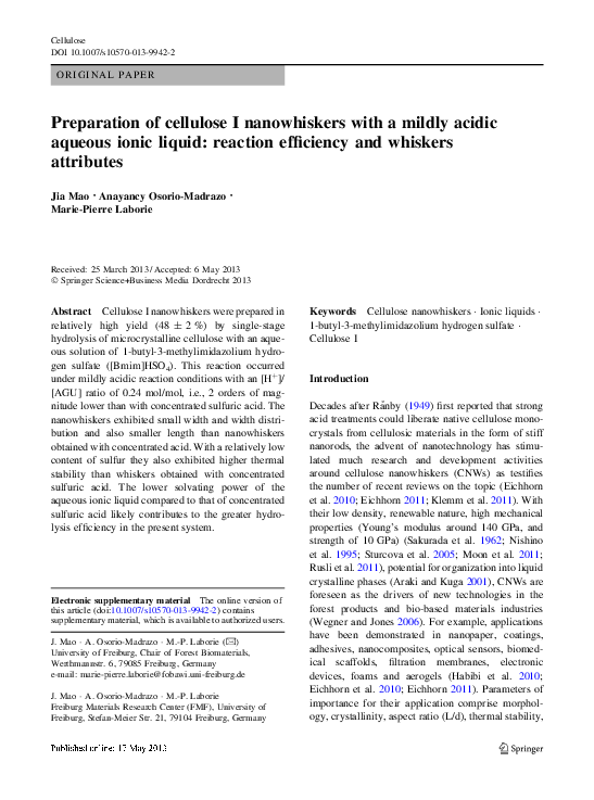 (PDF) Preparation of cellulose I nanowhiskers with a mildly acidic ...