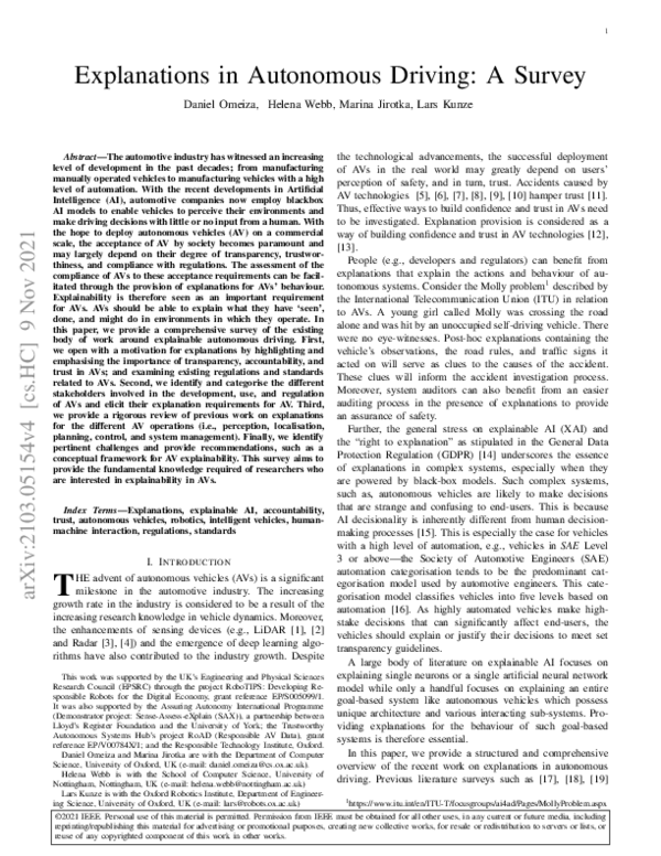 (PDF) Explanations in Autonomous Driving: A Survey