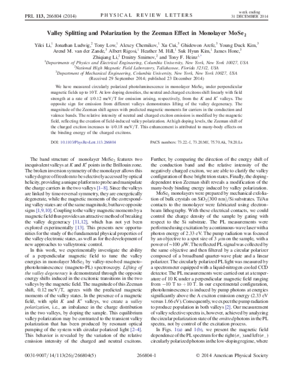 (PDF) Valley Splitting and Polarization by the Zeeman Effect in ...
