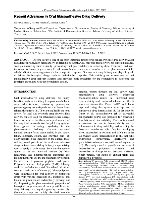 (PDF) Recent Advances in Oral Mucoadhesive Drug Delivery