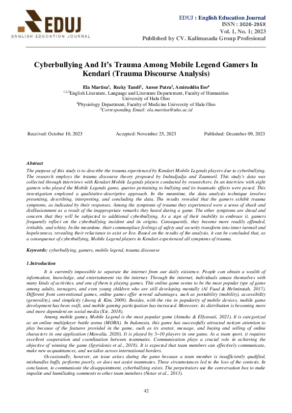 (PDF) Cyberbullying And It’s Trauma Among Mobile Legend Gamers In ...