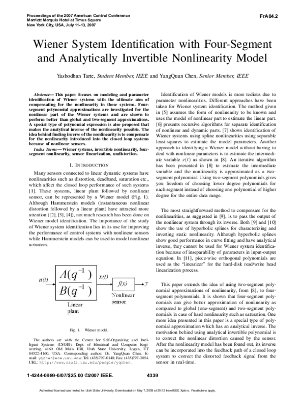 (PDF) Wiener System Identification with Four-Segment and Analytically ...