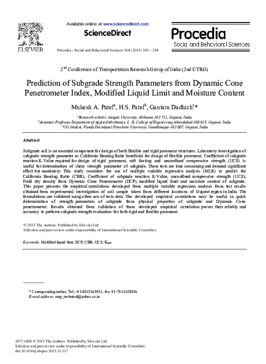 (PDF) Prediction of Subgrade Strength Parameters from Dynamic Cone ...