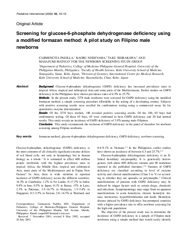 (PDF) Screening for glucose-6-phosphate dehydrogenase deficiency using ...
