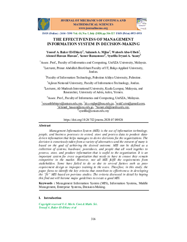 (PDF) The Effectiveness of Management Information System in Decision-Making