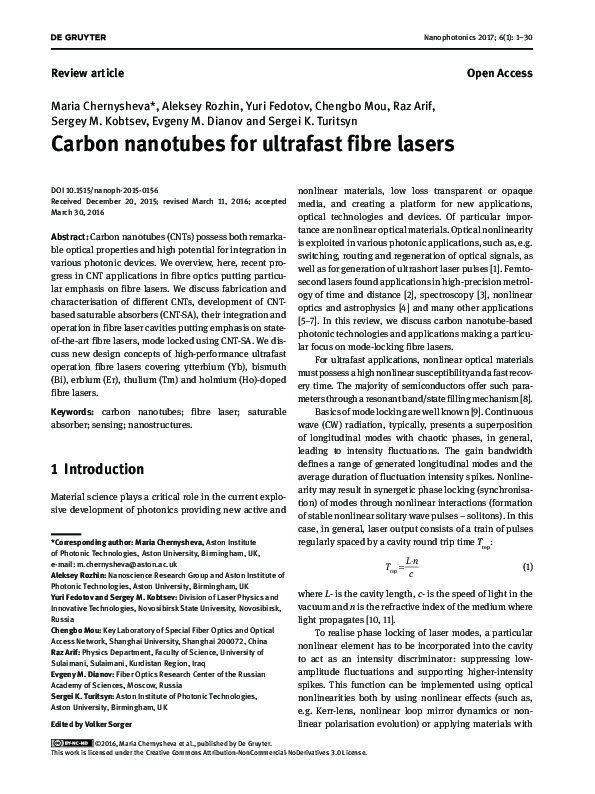 (PDF) Carbon nanotubes for ultrafast fibre lasers