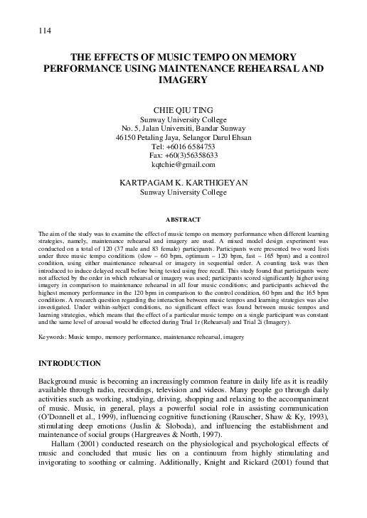 (PDF) The effects of music tempo on memory performance using ...