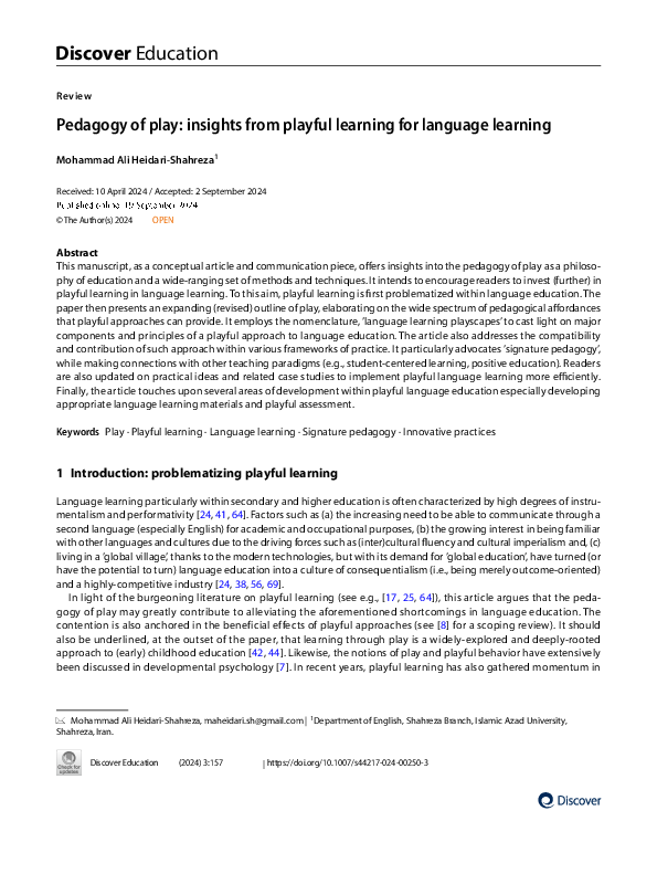 (PDF) Pedagogy of play: insights from playful learning for language ...
