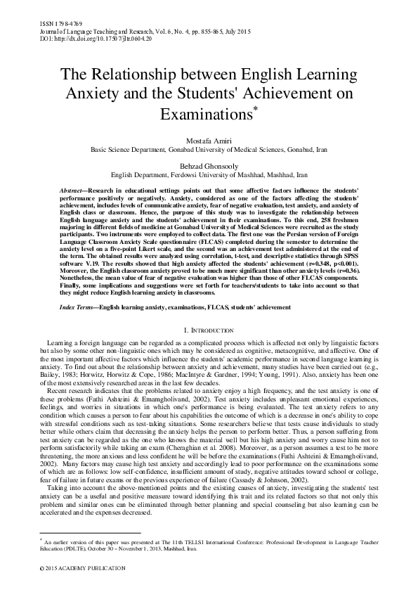 (PDF) The Relationship between English Learning Anxiety and the ...
