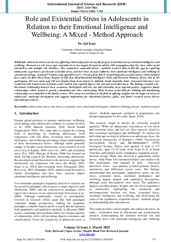 (PDF) Role and Existential Stress in Adolescents in Relation to their ...