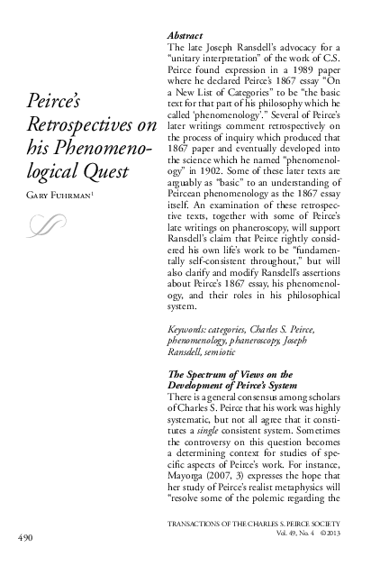 (PDF) Peirce's Retrospectives on his Phenomenological Quest