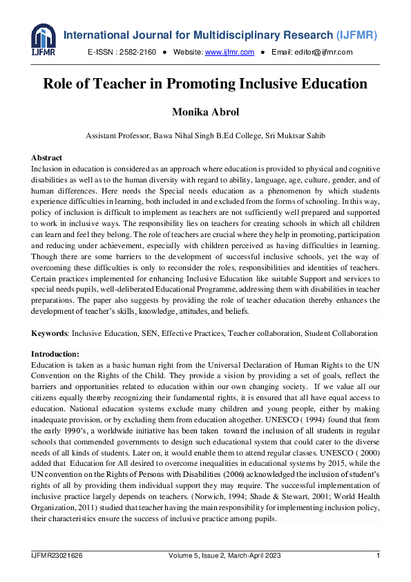 (PDF) Role of Teacher in Promoting Inclusive Education