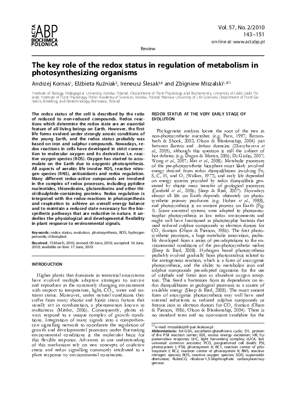 (PDF) The key role of the redox status in regulation of metabolism in ...