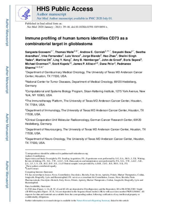 (PDF) Immune profiling of human tumors identifies CD73 as a ...