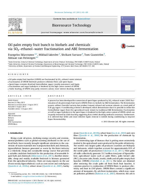 (PDF) Oil palm empty fruit bunch to biofuels and chemicals via SO2 ...