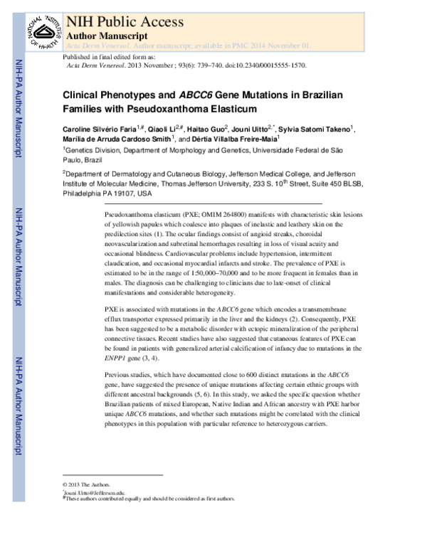(PDF) Clinical Phenotypes and ABCC6 Gene Mutations in Brazilian ...
