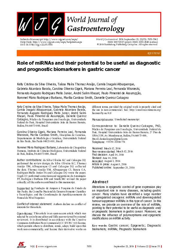 (PDF) Role of miRNAs and their potential to be useful as diagnostic and ...