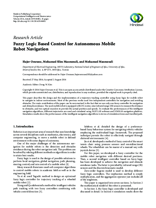 (PDF) Fuzzy Logic Based Control for Autonomous Mobile Robot Navigation