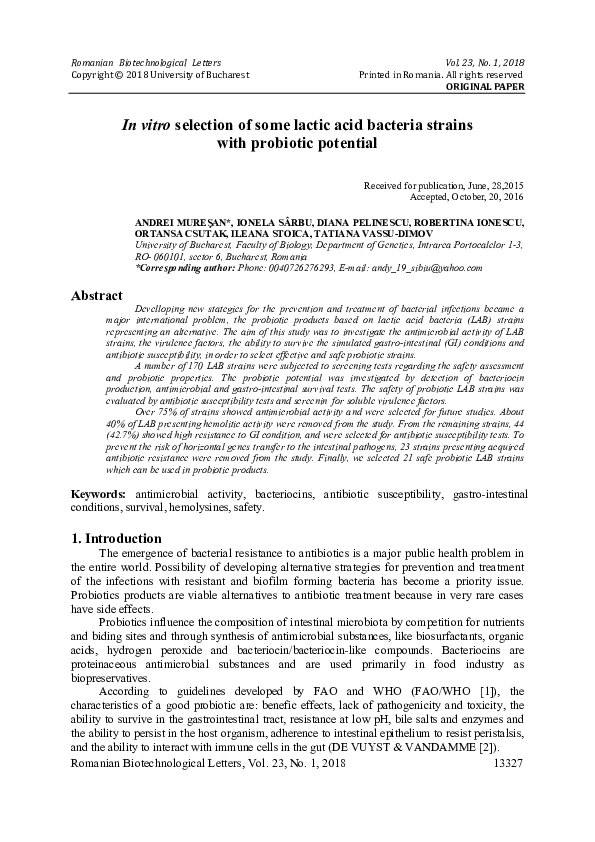 (PDF) In vitro selection of some lactic acid bacteria strains with ...