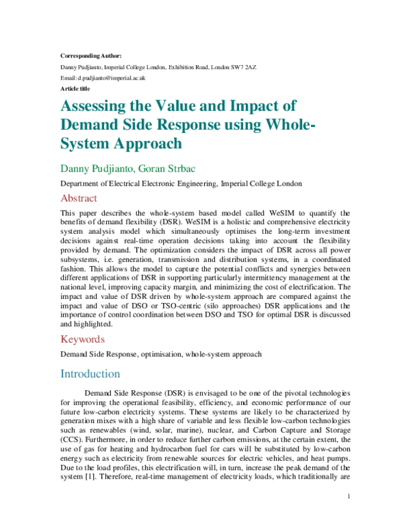 (PDF) Assessing the value and impact of demand side response using ...