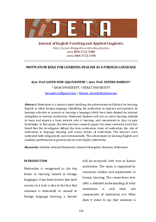 (PDF) Motivation Role for Learning English as a Foreign Language
