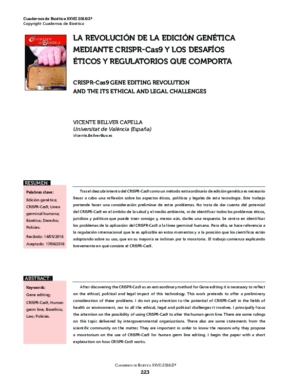 (PDF) [Crispr-Cas9 Gene Editing Revolution and the Its Ethical and ...