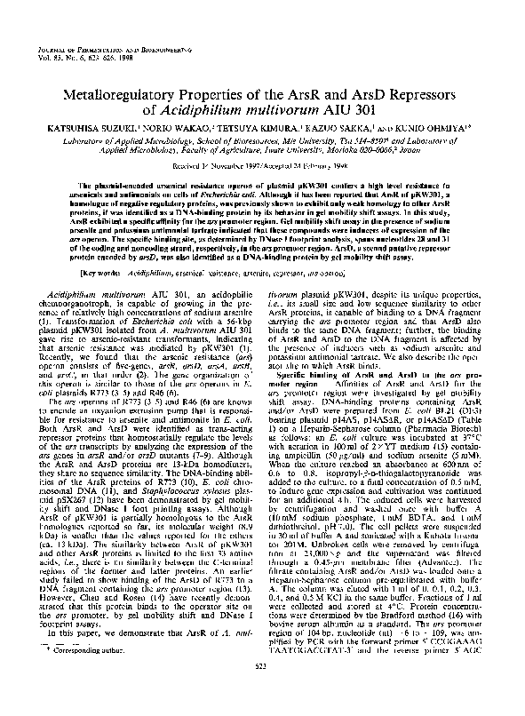 (PDF) Metalloregulatory properties of the ArsR and ArsD repressors of ...