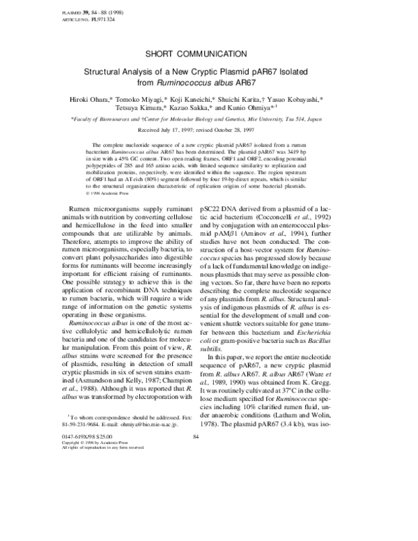 (PDF) Structural Analysis of a New Cryptic Plasmid pAR67 Isolated ...