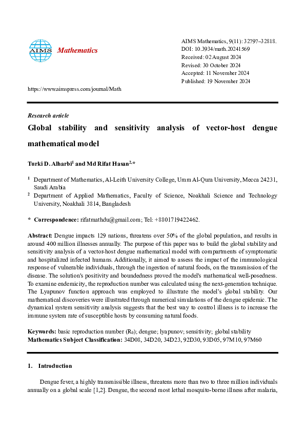 (PDF) Global stability and sensitivity analysis of vector-host dengue ...