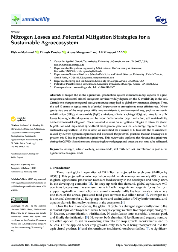 And Potential Mitigation Strategies Reference: Pdf Nitrogen Losses And Potential Mitigation Strategies For A Sustainable