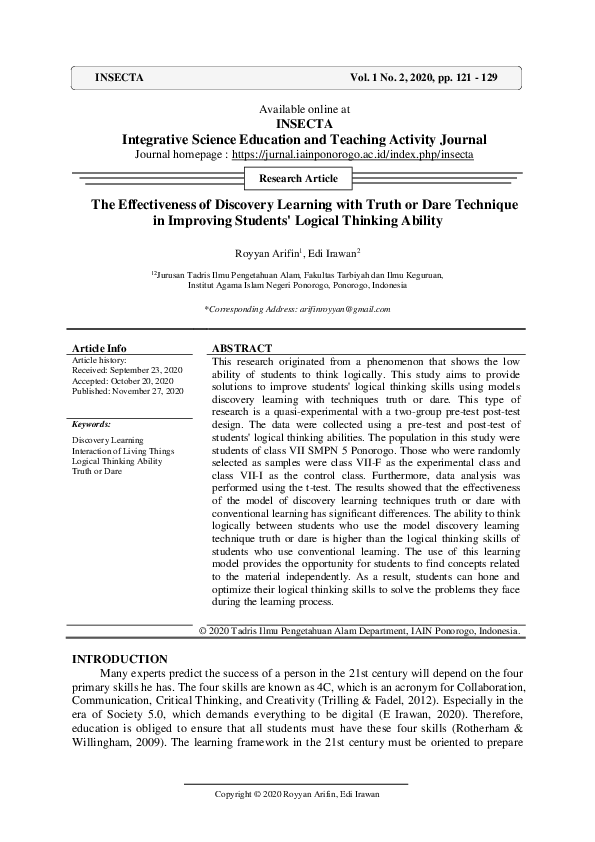 (PDF) The Effectiveness of Discovery Learning with Truth or Dare ...