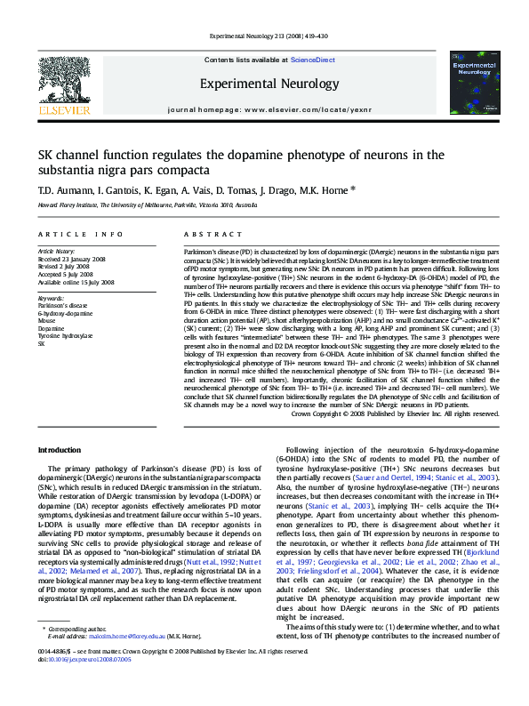 (PDF) SK channel function regulates the dopamine phenotype of neurons ...