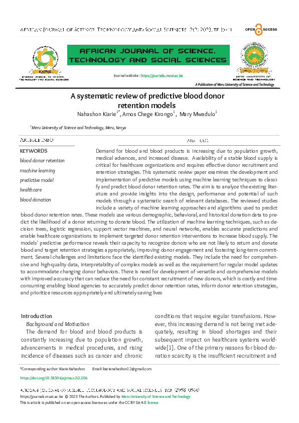 (PDF) A systematic review of predictive blood donor retention models