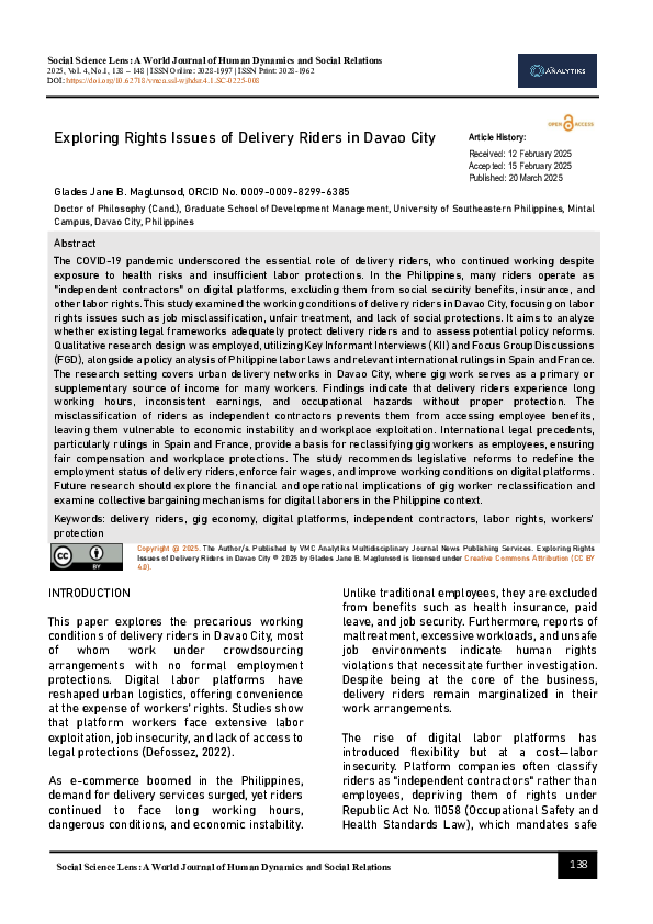(PDF) Exploring Rights Issues of Delivery Riders in Davao City