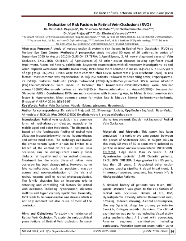 (PDF) Evaluation of Risk Factors in Retinal Vein Occlusions (RVO)