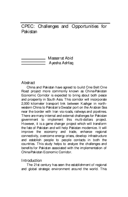(PDF) CPEC: Challenges and Opportunities for Pakistan